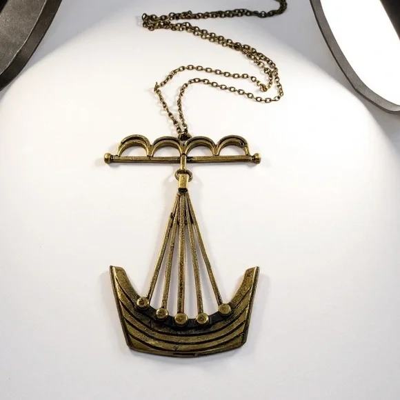 Signed Gard Berg Viking Longship Necklace Scandinavian Brutalist Bronze 1970s - Picture 4 of 12